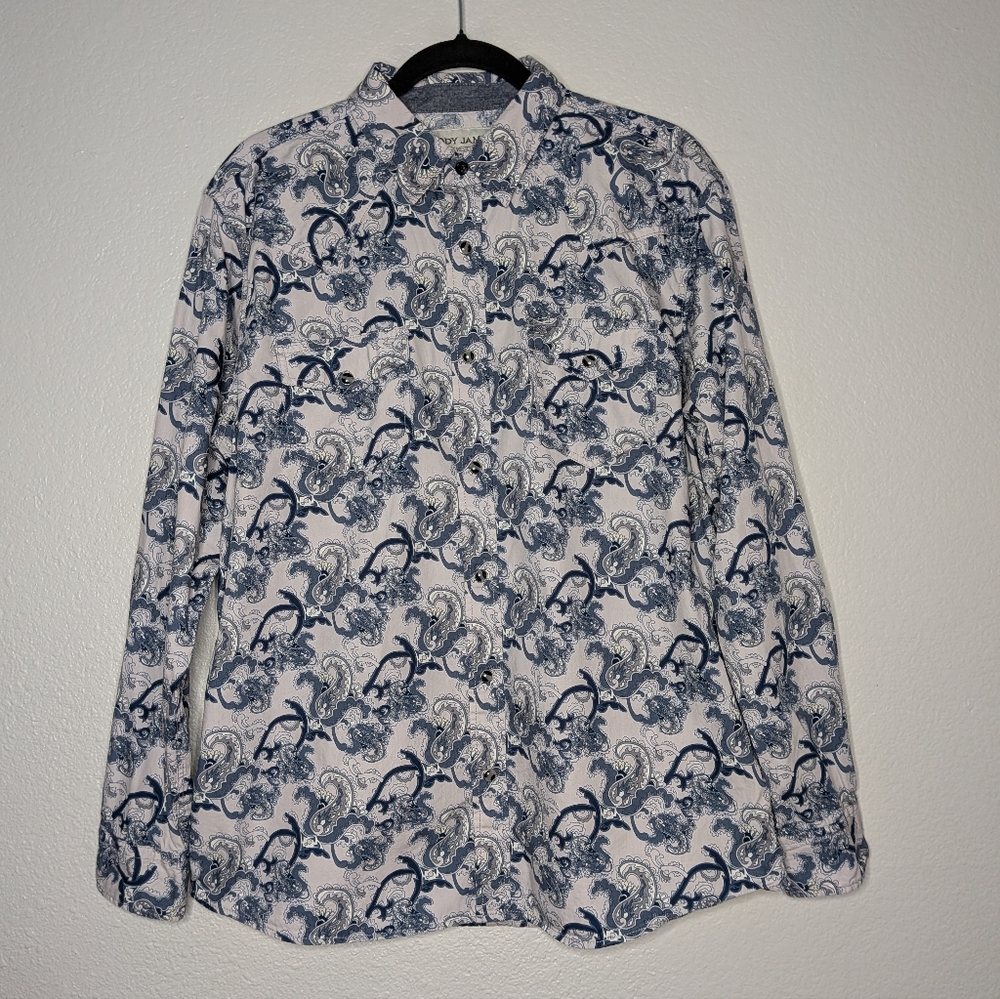 Cody James Mens Blue White Western Paisley Pearl Snap Button Up Dress Shirt L